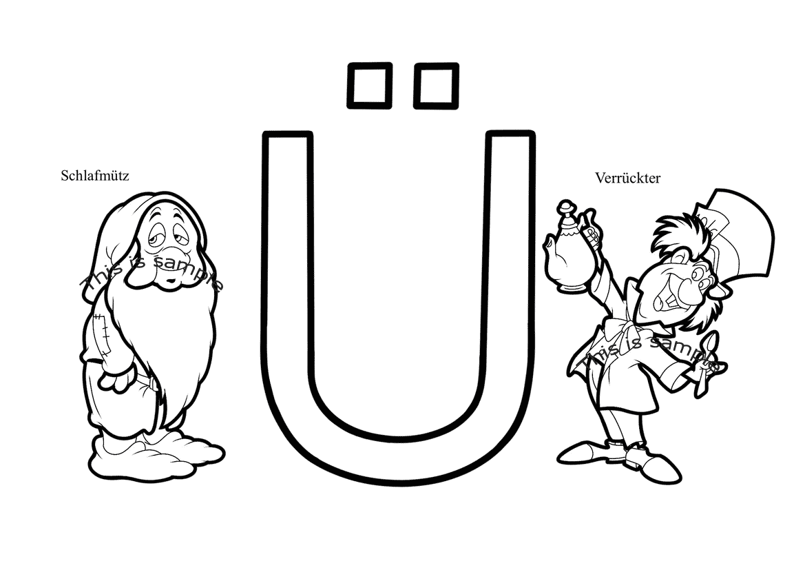 Buchstabe Ü: Schlafmütz und Verrückter Malvorlagen