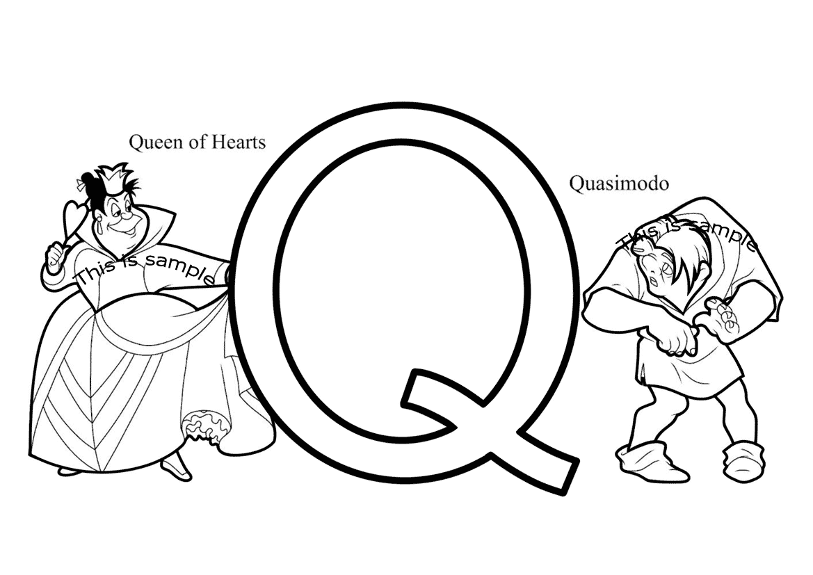 Letter Q: Queen of Hearts and Quasimodo Coloring Pages